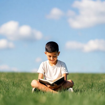 Young boy reading book on grass