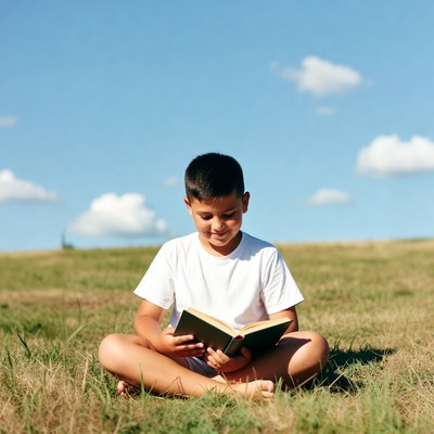 Boy reading book in grass