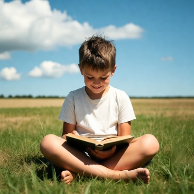 Boy reading book in grass
