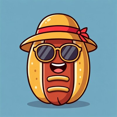 Hot dog wearing sunglasses and hat