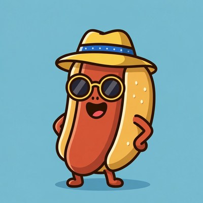 Cartoon hot dog wearing sunglasses hat