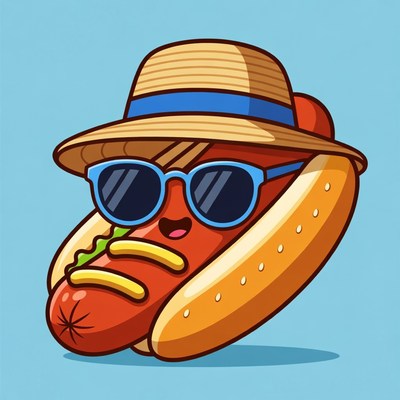 Cartoon Hot Dog Wearing Sunglasses and Hat