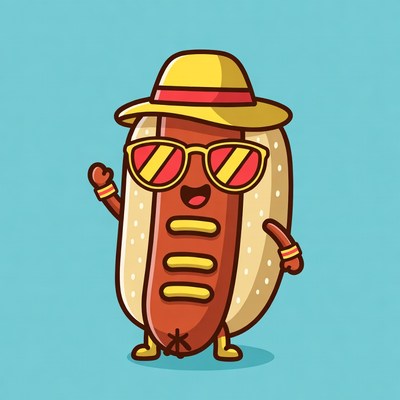 Cartoon hot dog wearing sunglasses