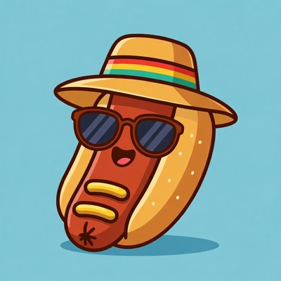 Hot dog wearing sunglasses and hat