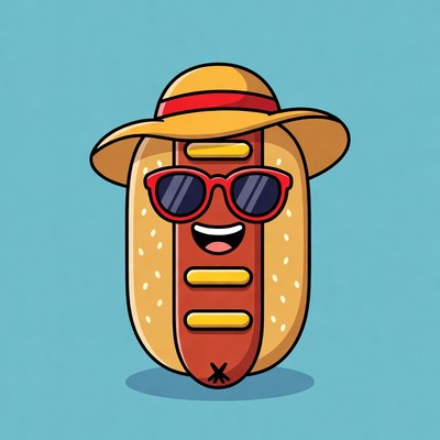 Hot dog wearing sunglasses and hat