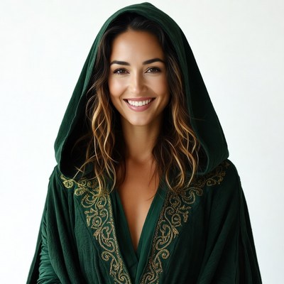 Woman smiling in green hooded robe