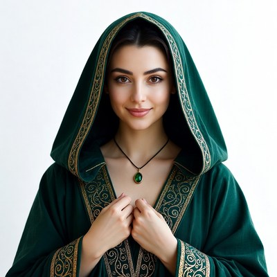 Woman in green hooded robe