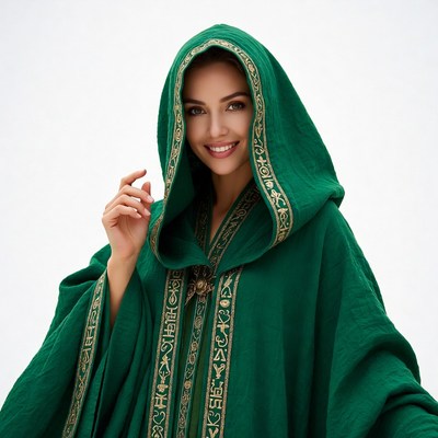 Woman in green hooded cloak