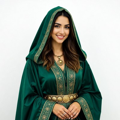 Smiling woman in green hooded gown