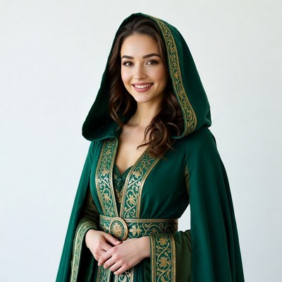 Woman in green hooded cloak