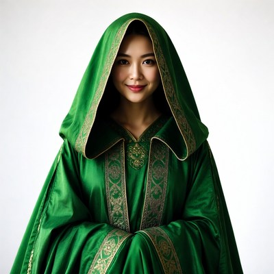 Asian woman in green hooded robe