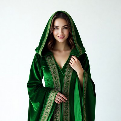 Woman in green hooded velvet cloak