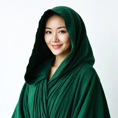 Asian woman in green hooded robe