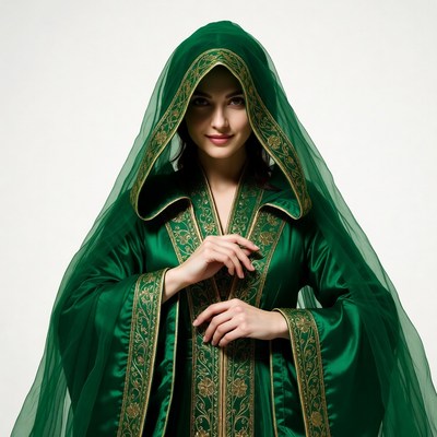 Woman in green hooded gown