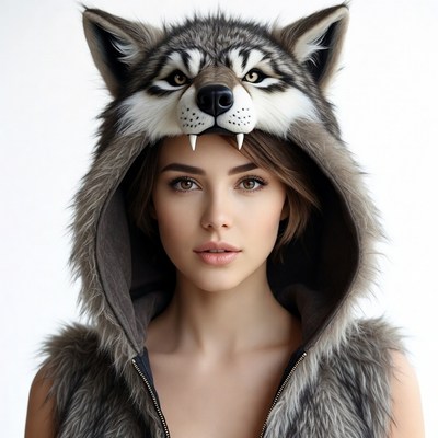 Woman wearing wolf hood