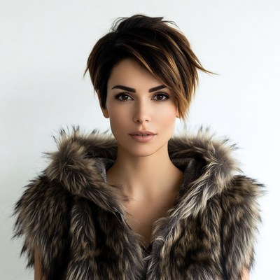 Woman with short brown hair in fur vest