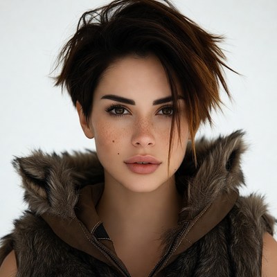 Woman with short hair in fur vest