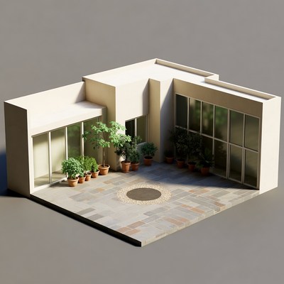 Modern Courtyard with Plants and Glass Walls