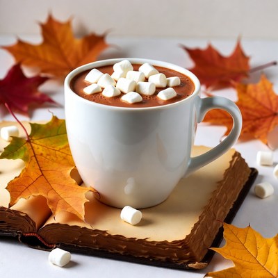 Hot Chocolate with Marshmallows and Autumn Leaves