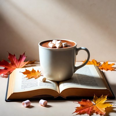 Hot Cocoa with Marshmallows and Autumn Leaves
