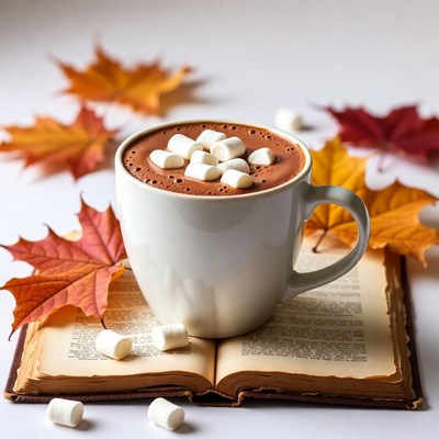 Hot Chocolate with Marshmallows and Autumn Leaves