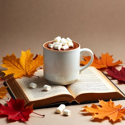 Hot Cocoa Mug with Marshmallows and Autumn Leaves