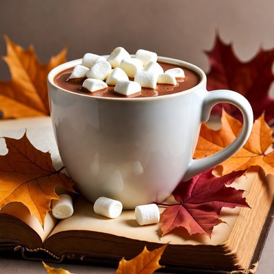 Hot Chocolate with Marshmallows and Autumn Leaves