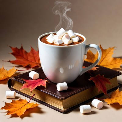 Hot Chocolate with Marshmallows and Autumn Leaves