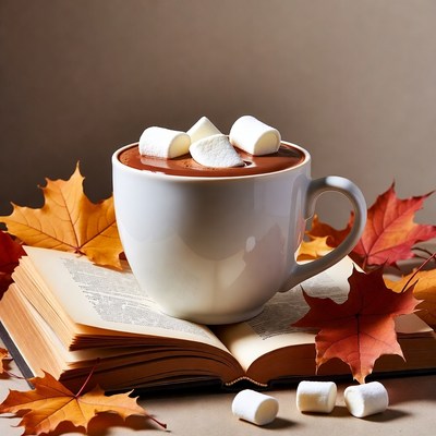 Hot Chocolate with Marshmallows and Autumn Leaves