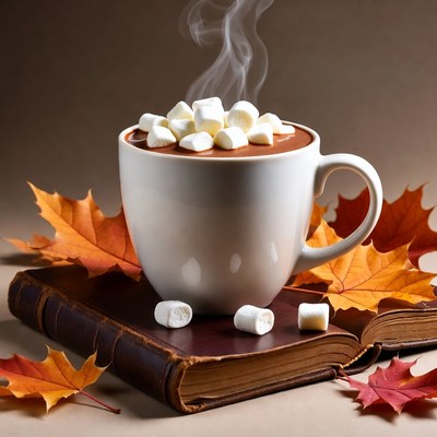 Hot Chocolate with Marshmallows and Autumn Leaves