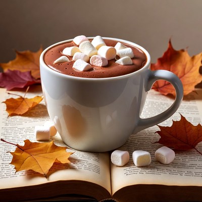 Hot Chocolate with Marshmallows and Autumn Leaves
