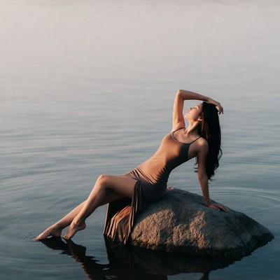 Asian woman lounging on rock by lake