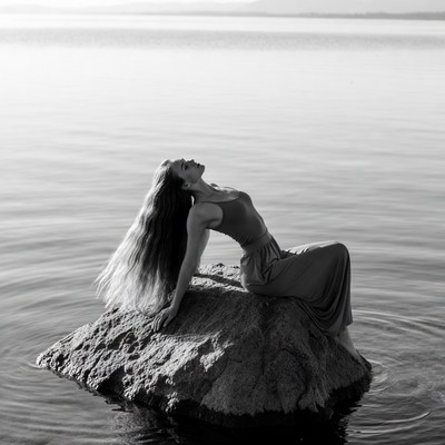 Woman lounging on rock in lake