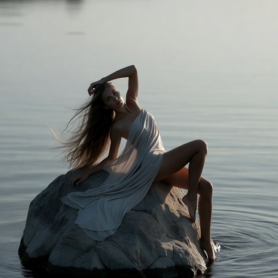Woman in white dress on rock by water