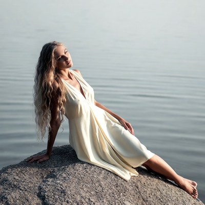 Blonde woman in white dress on rock by lake