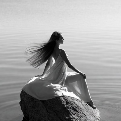 Woman in flowing dress on rock by water