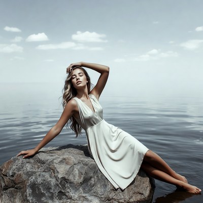 Woman in white dress on lakeside rock