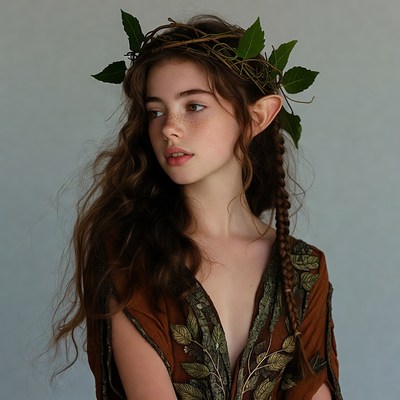 Young woman with leaf crown and elf ears