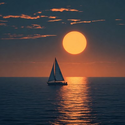 Sailboat Silhouetted Against Sunset Moon