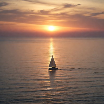 Sailboat on calm sea at sunset