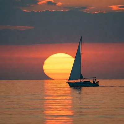 Sailboat Silhouetted Against Sunset