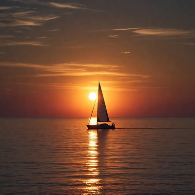 Sailboat Silhouetted Against Sunset