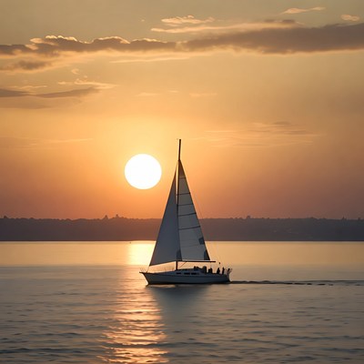 Sailboat on lake at sunset