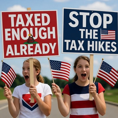 Girls Holding Tax Protest Signs Flags