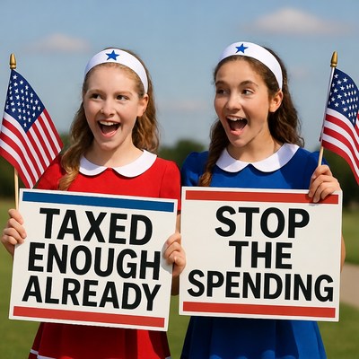 Girls Holding Taxed Enough Stop Spending Signs