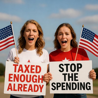 Girls Holding Taxed Enough Already Stop Spending Signs