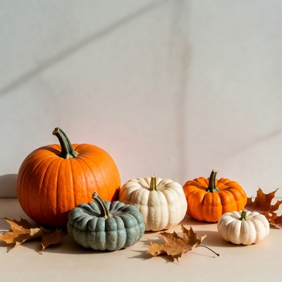 Assortment of pumpkins with autumn leaves
