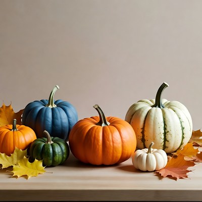 Colorful Pumpkins with Autumn Leaves