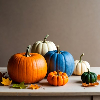 Colorful Pumpkins on Wooden Table
