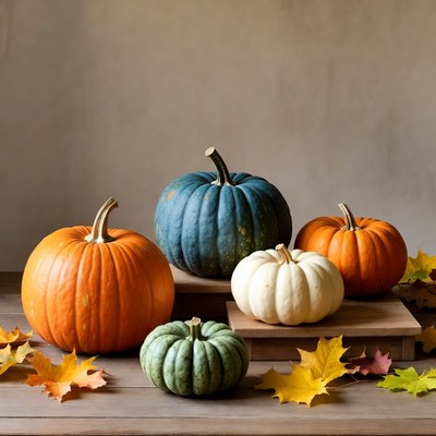 Colorful Pumpkins with Autumn Leaves